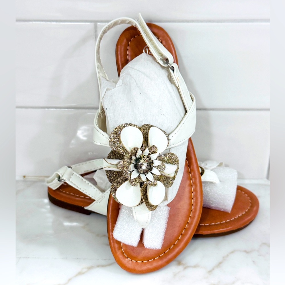White Sandals with Gold Flower Accent